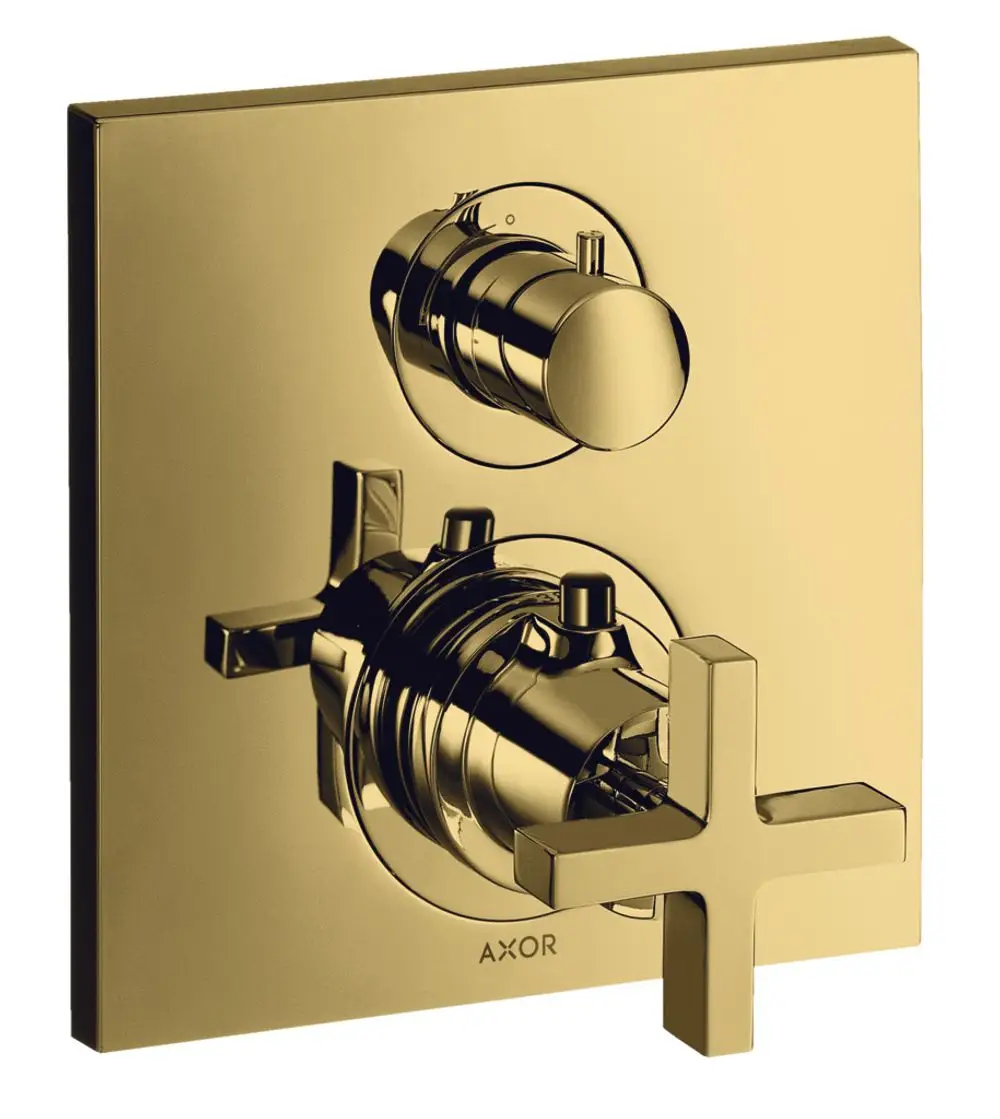 Thermostat-Wandarmatur von AXOR mit zwei Bedienelementen, einem runden und einem Kreuzgriff, in polierter Gold-Optik. Design für Unterputzinstallation.